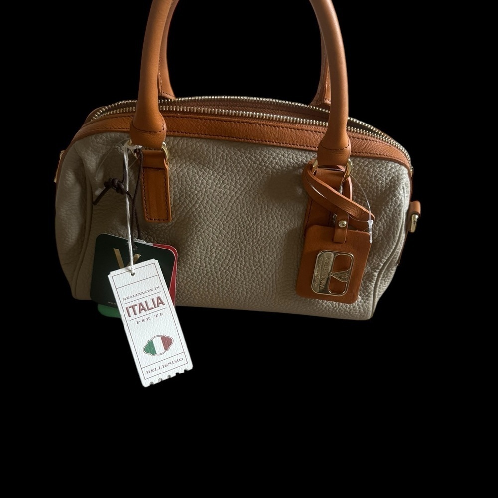 NWT Valentina Italian Leather Satchel - Cream & Brown 🇮🇹✨ - Picture 2 of 11